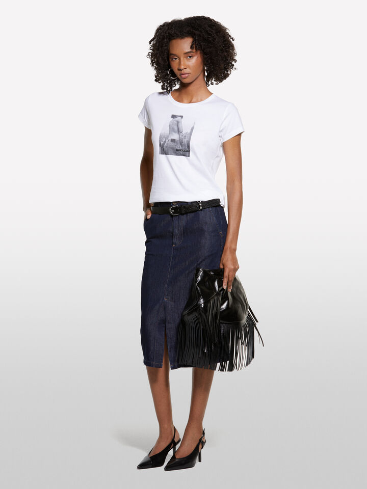 White t-shirt with woman print - women's short sleeve t-shirts - White | Sisley image number 1